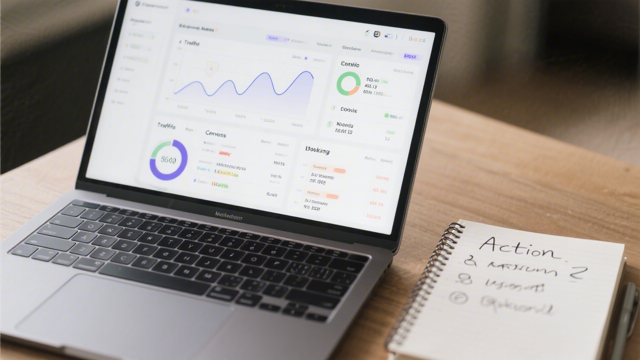 Close-up of a laptop showing an analytics dashboard with traffic, conversions and booking data, next to a notebook with handwritten action items.