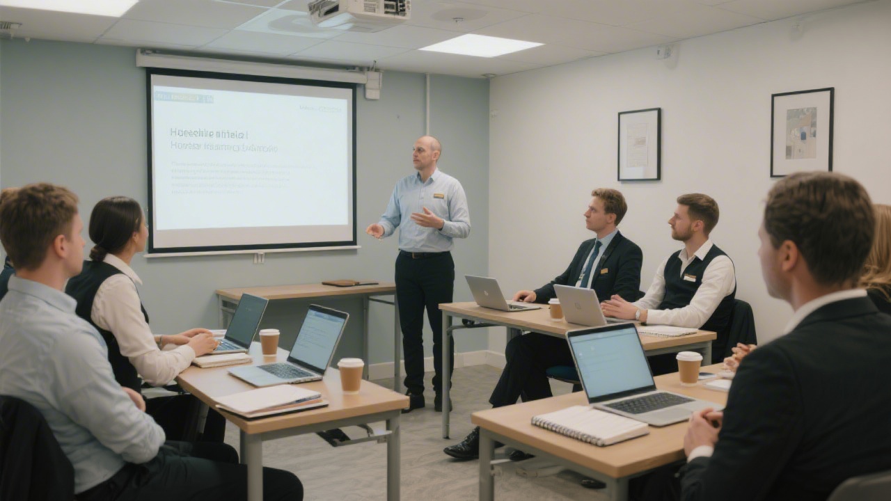 Small training room with laptops, notebooks and coffee, professional lecturer presenting on a screen to a group of hospitality managers, calm and focused learning atmosphere.