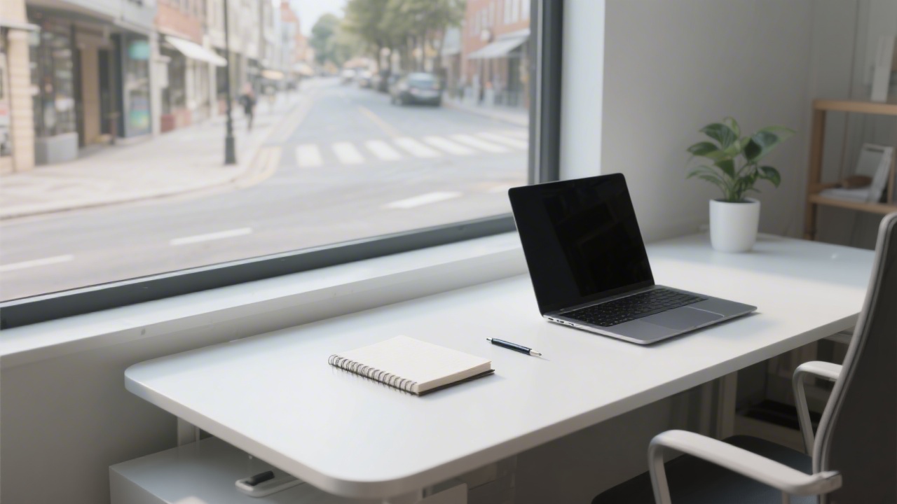 Modern office desk with a laptop, notebook, pen and a view of a calm street, representing professional contact environment and business communication.