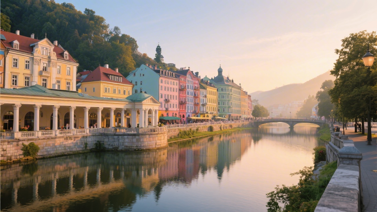 Panoramic view of Karlovy Vary spa town with colonnades, river and colorful facades at sunrise, calm atmosphere and soft light reflecting on the water.
