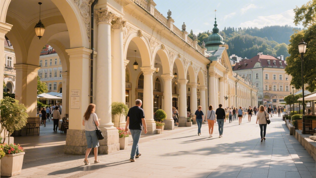 Historic colonnade in Karlovy Vary with visitors walking and warm daylight, showcasing the iconic spa architecture and inviting atmosphere of the city.