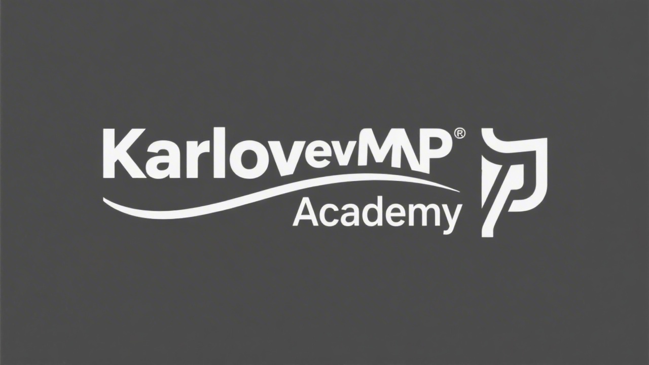 Simple wordmark logo with the text Karlovy MVP Academy in a clean serif font, minimal wave line underneath, easy to recognize and reproduce.