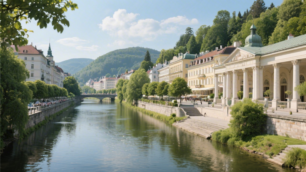 Scenic river view in Karlovy Vary with colonnades, spa hotels and greenery, highlighting the unique landscape and architectural character of the city.