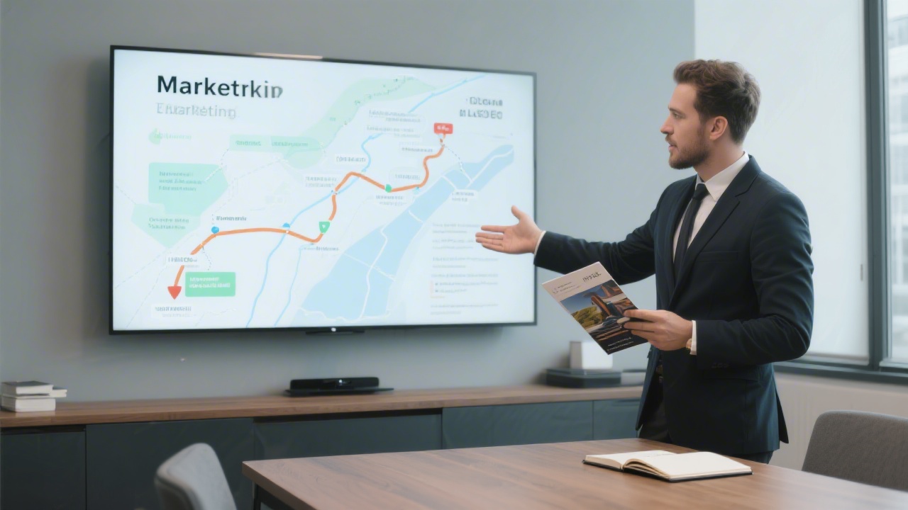 Professional consultant showing marketing roadmap on a large screen, with a hotel brochure and notebook on the table, businesslike and modern environment.