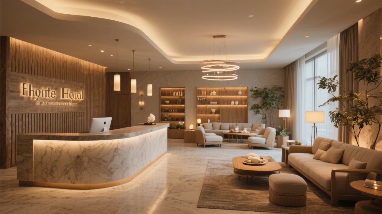 Elegant spa hotel lobby with warm lighting, natural materials, reception desk and relaxing seating area conveying premium wellness experience.