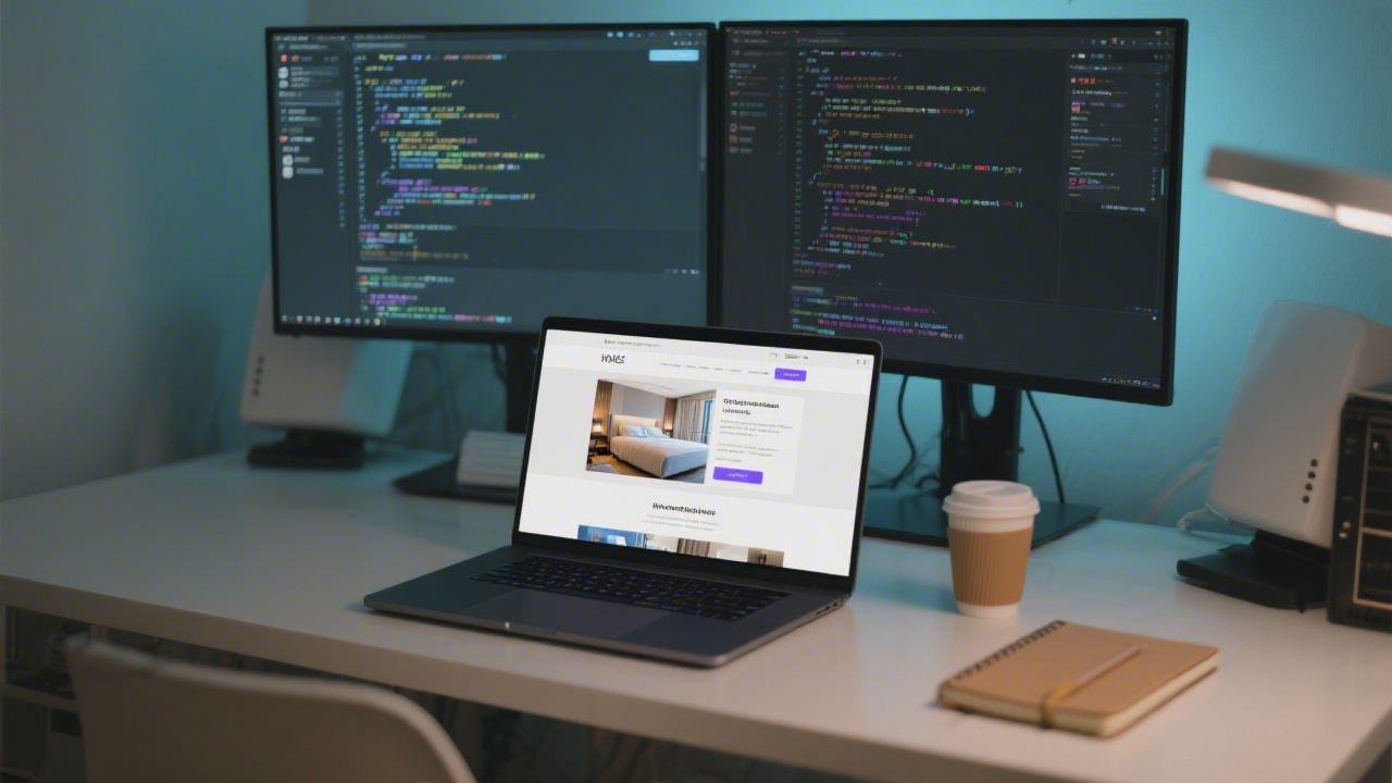 Developer workspace with laptop showing website code and a clean hotel webpage on the second screen, coffee and notebook nearby, modern and tidy setup.