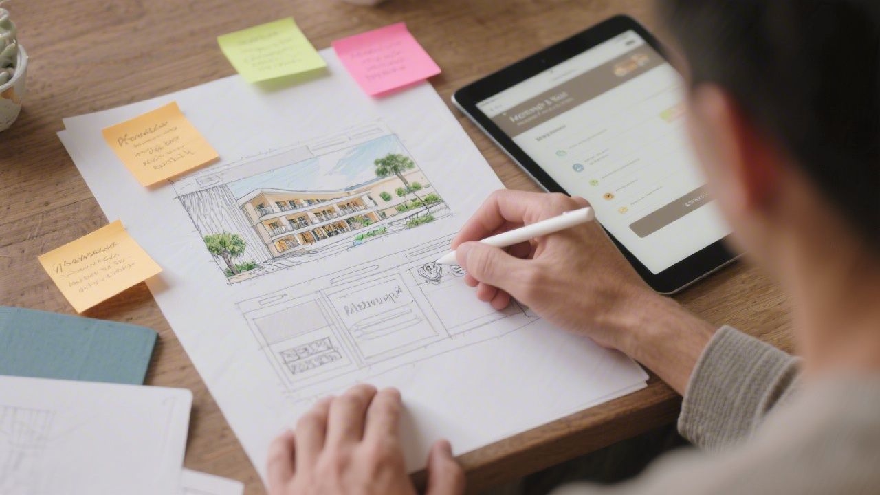 Designer hands drawing a website layout for a hotel on paper, with sticky notes and a tablet displaying a clean user interface.