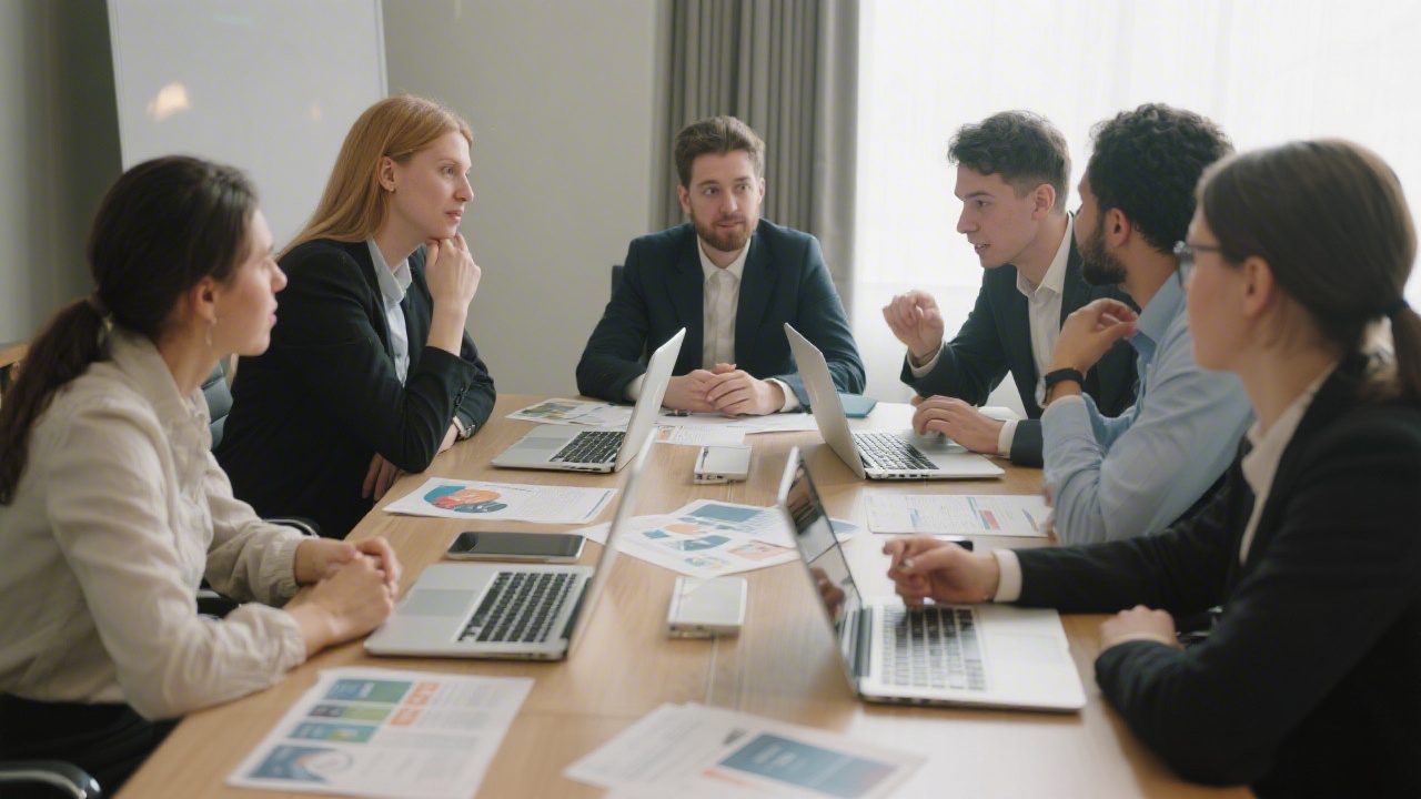 Workshop participants collaborating around a table with laptops and printed materials, discussing hotel marketing tasks in a focused, professional setting.